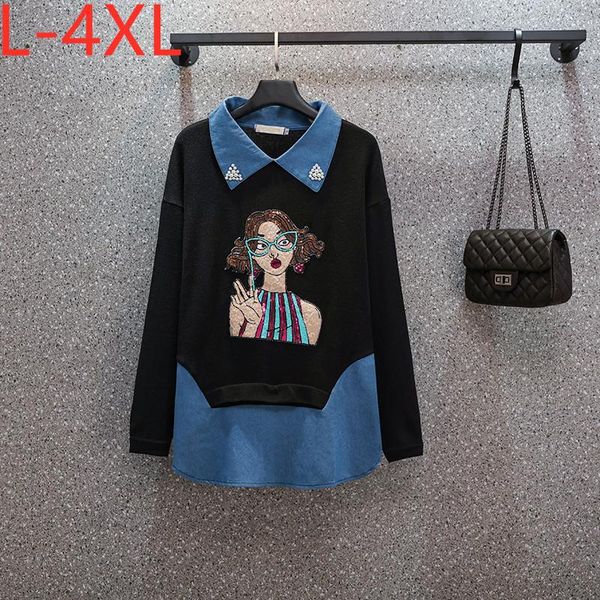 plus size t-shirt l-4xl fit weight 50-100kg 2021 autumn for women fake two piece denim cartoon print patchwork casual t-shirts, Black
plus size t-shirt l-4xl fit weight 50-100kg 2021 autumn for women fake two piece denim cartoon print patchwork casual t-shirts, Black
