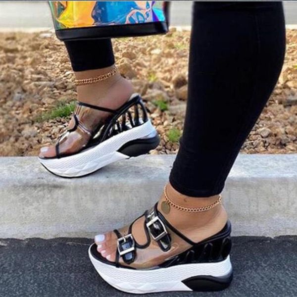 women's slippers transparent double buckle straps pvc ladies platform sandals superhigh woman female summer slides, Black
women's slippers transparent double buckle straps pvc ladies platform sandals superhigh woman female summer slides, Black