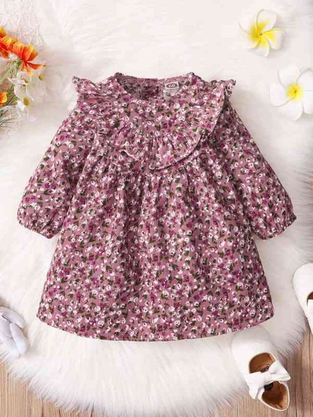 baby ditsy floral print ruffle trim corduroy dress she, Red;yellow