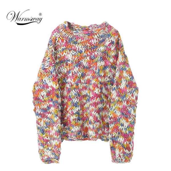 coarse wool knit jumper round neck multi-color rainbow sweater for women needle hand made c-044 210522, White;black 
coarse wool knit jumper round neck multi-color rainbow sweater for women needle hand made c-044 210522, White;black