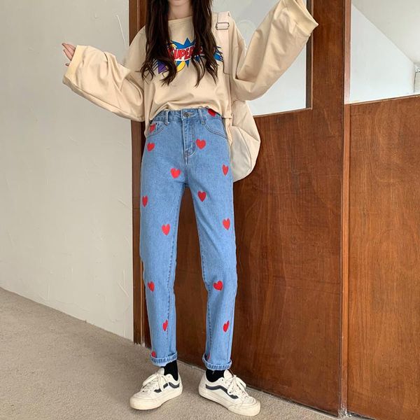women's jeans spring japanese soft sister cute love embroidery loose, Blue
women's jeans spring japanese soft sister cute love embroidery loose, Blue