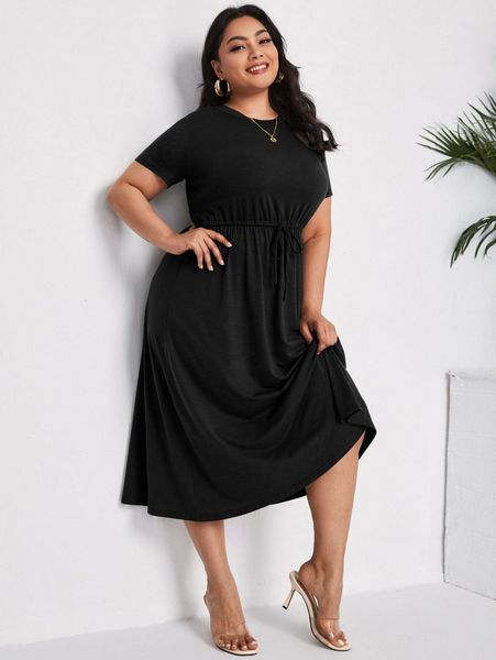 plus solid drawstring waist a-line dress c6nr#, Black