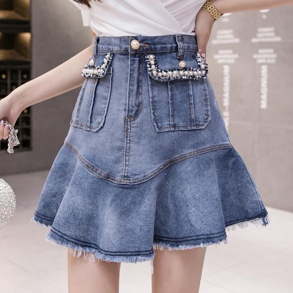 skirts fashion high waist denim skirt slimming all-matching pleated, Black
