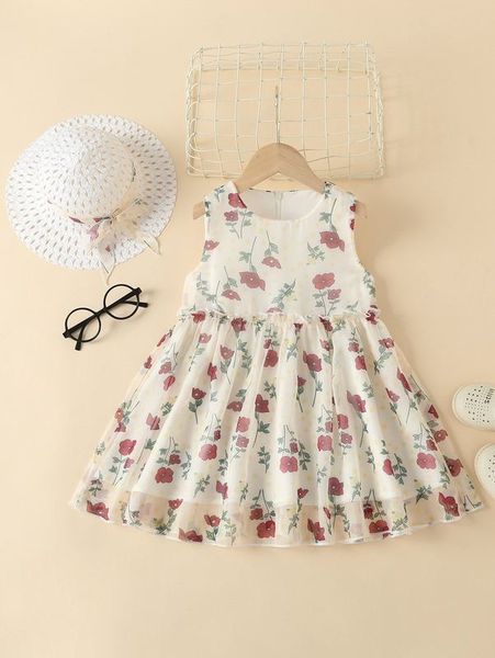 toddler girls floral print frill trim chiffon dress she, Red;yellow