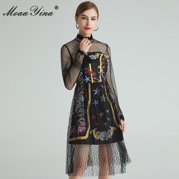fashion designer dress spring women's dress mesh long sleeve diamond beaded starfish shell conch print dresses 210524, Black;gray 
fashion designer dress spring women's dress mesh long sleeve diamond beaded starfish shell conch print dresses 210524, Black;gray