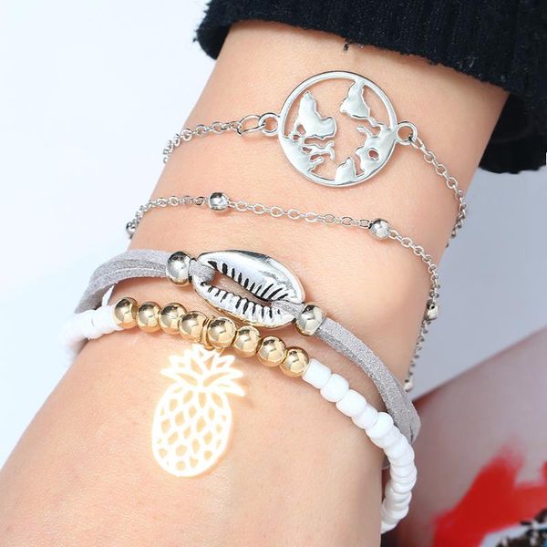 charm bracelets 2021 fashion femme silver color grey chain stone bracelet set for women shell bead gold pineapple adjustable bangles 4pcs/se, Golden;silver 
charm bracelets 2021 fashion femme silver color grey chain stone bracelet set for women shell bead gold pineapple adjustable bangles 4pcs/se, Golden;silver