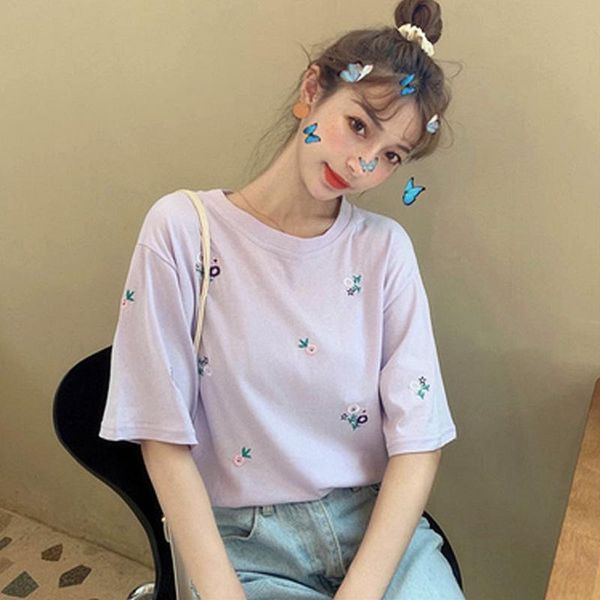 women's t-shirt embroidered bottoming shirt for women 2021 summer clothing loose with short sleeves, White
women's t-shirt embroidered bottoming shirt for women 2021 summer clothing loose with short sleeves, White