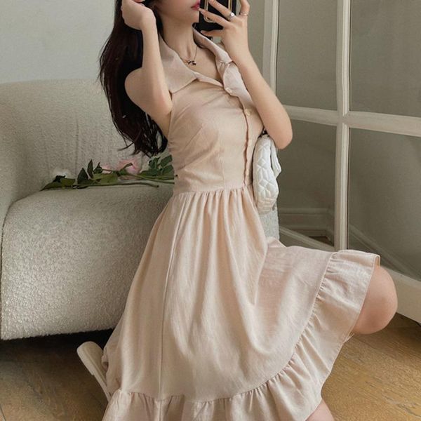 casual dresses halter women sleeveless turn-down collar summer 2021 backless single-breasted solid ruffles korean fashion vestidos, Black;gray
casual dresses halter women sleeveless turn-down collar summer 2021 backless single-breasted solid ruffles korean fashion vestidos, Black;gray