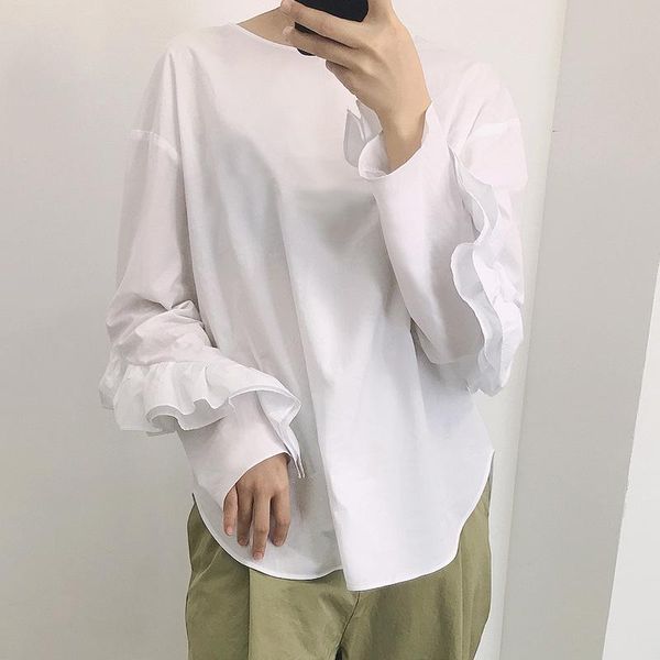 women's blouses & shirts white yellow women shirt ruffled long sleeve cotton o-neck solid color simple female casual blouse 2021
women's blouses & shirts white yellow women shirt ruffled long sleeve cotton o-neck solid color simple female casual blouse 2021