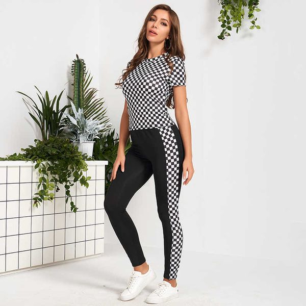 women's two piece pants sports style slim black white grid stitching stretch trousers short-sleeved tight t-shirt casual two-
women's two piece pants sports style slim black white grid stitching stretch trousers short-sleeved tight t-shirt casual two-