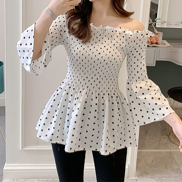 korean women's shirt chiffon blouses for women flare sleeve female white slash neck dot blouse woman s 210427
korean women's shirt chiffon blouses for women flare sleeve female white slash neck dot blouse woman s 210427