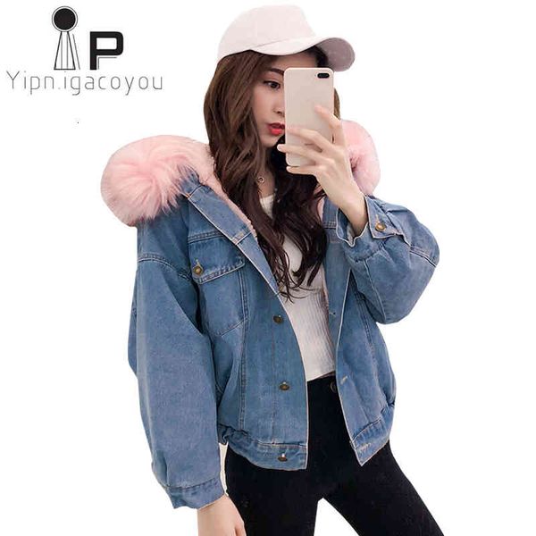 jacket vintage winter denim lambswool big fur collar hooded coat women jeans jacket plus size loose fashion female outwear, Black;brown
jacket vintage winter denim lambswool big fur collar hooded coat women jeans jacket plus size loose fashion female outwear, Black;brown