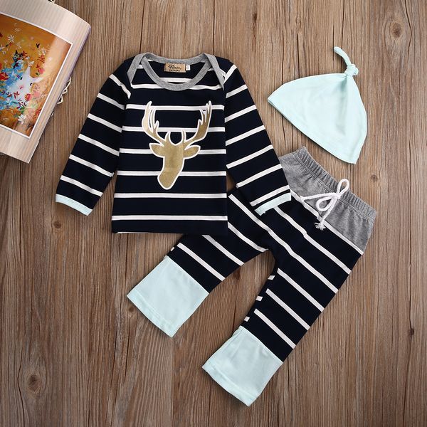long sleeve deer stripe tee and stripe pant with hat 3pcs set for baby boy clothes, White 
long sleeve deer stripe tee and stripe pant with hat 3pcs set for baby boy clothes, White