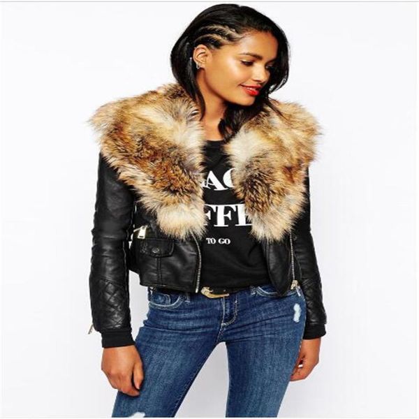 women's fur & faux winter fashion women heavy hair collar zipper imitation leather jacket streetwear casual splicing locomotive outerwe, Black
women's fur & faux winter fashion women heavy hair collar zipper imitation leather jacket streetwear casual splicing locomotive outerwe, Black