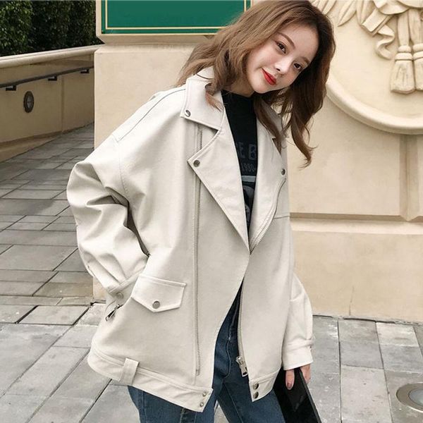 women's leather & faux plus size casual loose women jacket autumn spring oversized pu female moto biker streetwear, Black 
women's leather & faux plus size casual loose women jacket autumn spring oversized pu female moto biker streetwear, Black