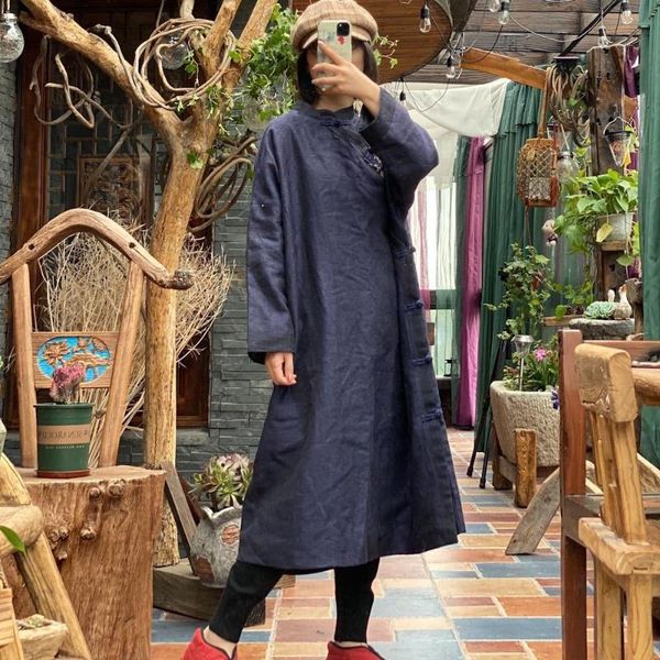 casual dresses fairynatural ladies retro embroidery blue button stand collar chinese style long sleeve robes dress 2021 spring autumn, Black;gray 
casual dresses fairynatural ladies retro embroidery blue button stand collar chinese style long sleeve robes dress 2021 spring autumn, Black;gray