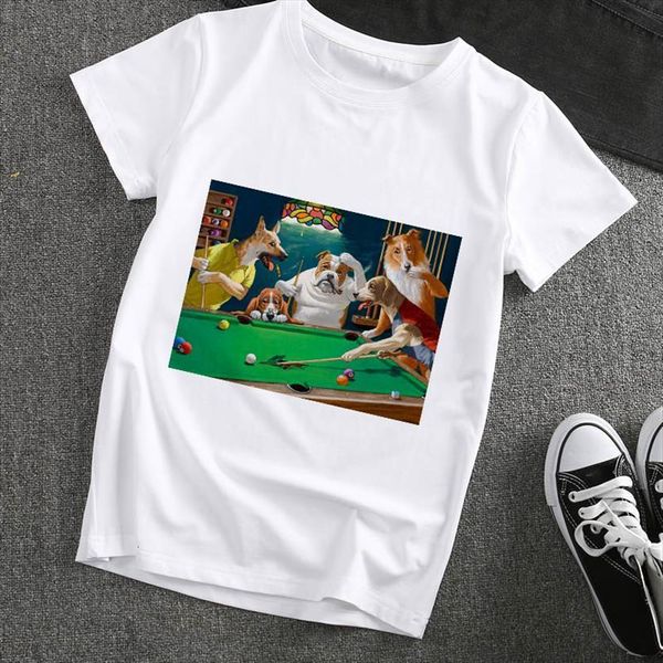 spoof dogs play billiards women t shirt print funny graphics harajuku fashion casual female clothing tee, White 
spoof dogs play billiards women t shirt print funny graphics harajuku fashion casual female clothing tee, White