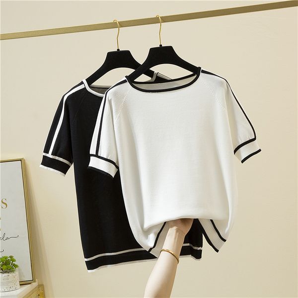 2022 spring summer patchwork ice silk knitted sweater women basic pullover fashion, White;black
2022 spring summer patchwork ice silk knitted sweater women basic pullover fashion, White;black