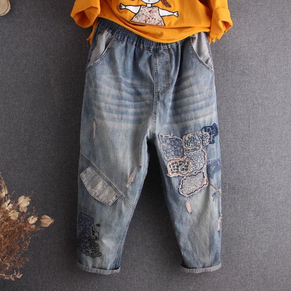 women's jeans harem pants women embroidery ripped denim jogger casual loose elastic waist trouser calf-length, Blue
women's jeans harem pants women embroidery ripped denim jogger casual loose elastic waist trouser calf-length, Blue
