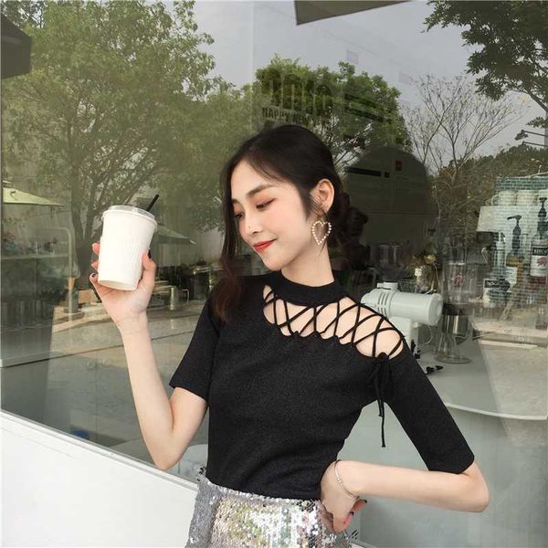 fashion design solid color sloping shoulder sweater hollow lace up slim knitwear women's sweaters, White;black
fashion design solid color sloping shoulder sweater hollow lace up slim knitwear women's sweaters, White;black
