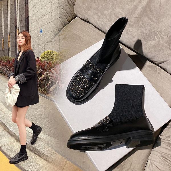 british elastic booties women 2021 korean fashion casual boots socks, Black