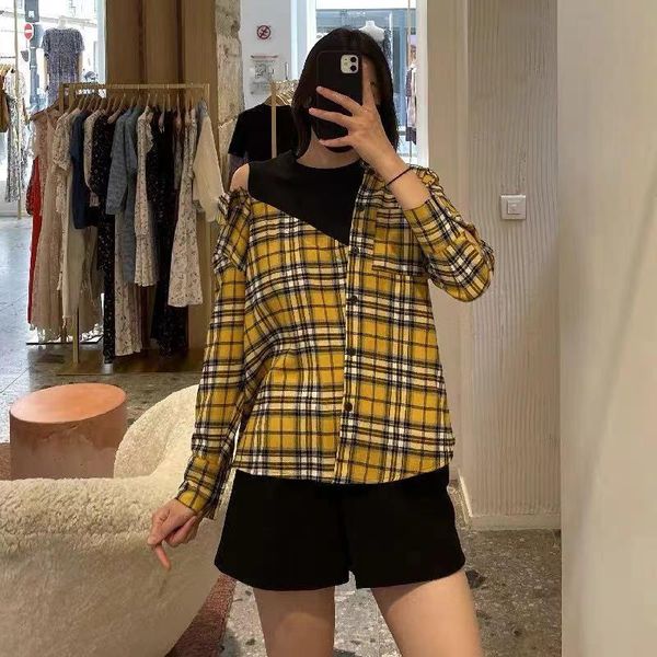 women's blouses & shirts 2021 early autumn strapless plaid asymmetric single-breasted shirt women, White
women's blouses & shirts 2021 early autumn strapless plaid asymmetric single-breasted shirt women, White