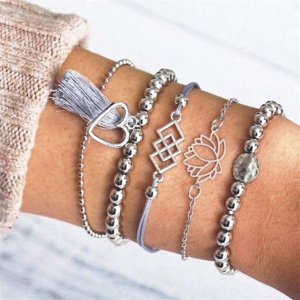 charm bracelets givvllry 5 pcs/set silver beads chain for women bohemian gray tassel geometric flower heart jewelry, Golden;silver