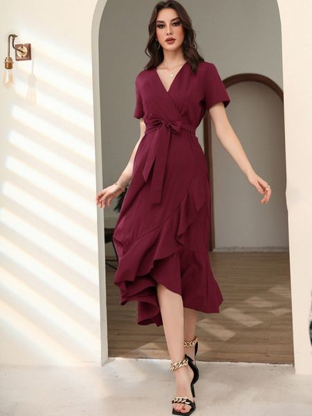 ruffle tulip hem belted dress 809j#, Black;gray
ruffle tulip hem belted dress 809j#, Black;gray