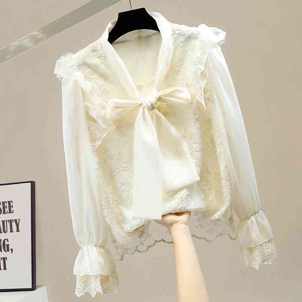 blouses sweet lace patchwork flared sleeves bow shirt women embroidered flowers all-matching micro transparent apricot blouse lady, White
blouses sweet lace patchwork flared sleeves bow shirt women embroidered flowers all-matching micro transparent apricot blouse lady, White