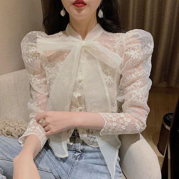 women's blouses & shirts korean style lace-up embroidered shirt bow tie lace blouse retro women see-through with suspenders, White
women's blouses & shirts korean style lace-up embroidered shirt bow tie lace blouse retro women see-through with suspenders, White