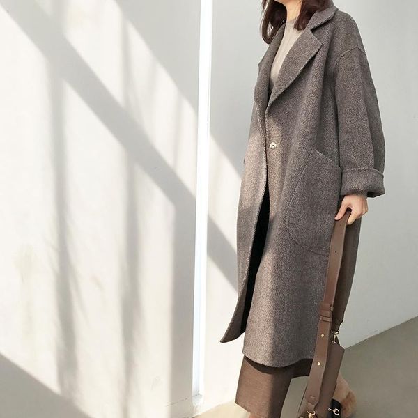 women's wool & blends korean style plaid cashmere coat 2021 autumn and winter mid-length woolen baggy women, Black 
women's wool & blends korean style plaid cashmere coat 2021 autumn and winter mid-length woolen baggy women, Black
