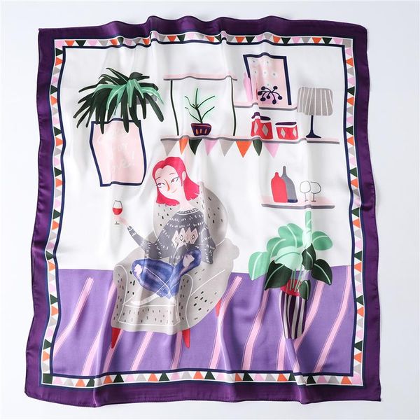 scarves cartoon girl print silk scarf women 2021 fashion square shawl foulard bandana femme neck scarfs spring, Blue;gray 
scarves cartoon girl print silk scarf women 2021 fashion square shawl foulard bandana femme neck scarfs spring, Blue;gray