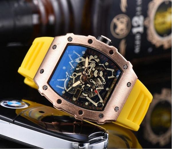 Image of Flowers Skeleton Designer Automatic Date Men Watches Luxury Fashion Mens Rubber Silicone Quartz Movement Clock Leisure Wrist Watch