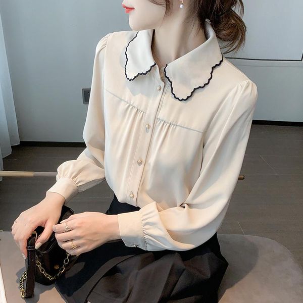 women's blouses & shirts wave collar shirt women 2021 autumn solid color doll long sleeve retro loose temperament blouse, White
women's blouses & shirts wave collar shirt women 2021 autumn solid color doll long sleeve retro loose temperament blouse, White