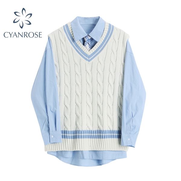 preppy style two piece blouse women cotton long sleeve shirts casual blue ladies + knitted sweater vest female autumn 210430, White
preppy style two piece blouse women cotton long sleeve shirts casual blue ladies + knitted sweater vest female autumn 210430, White