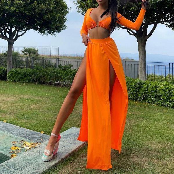 women's swimwear hirigin 2021 women two-piece clothes set solid color deep v-neck long sleeve crop and slit skit, White;black
women's swimwear hirigin 2021 women two-piece clothes set solid color deep v-neck long sleeve crop and slit skit, White;black