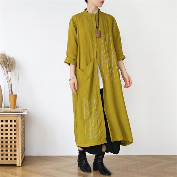 johnature women embroidery cotton linen shirt dresses vintage loose spring stand long sleeve button women casual dress 210521, Black;gray
johnature women embroidery cotton linen shirt dresses vintage loose spring stand long sleeve button women casual dress 210521, Black;gray