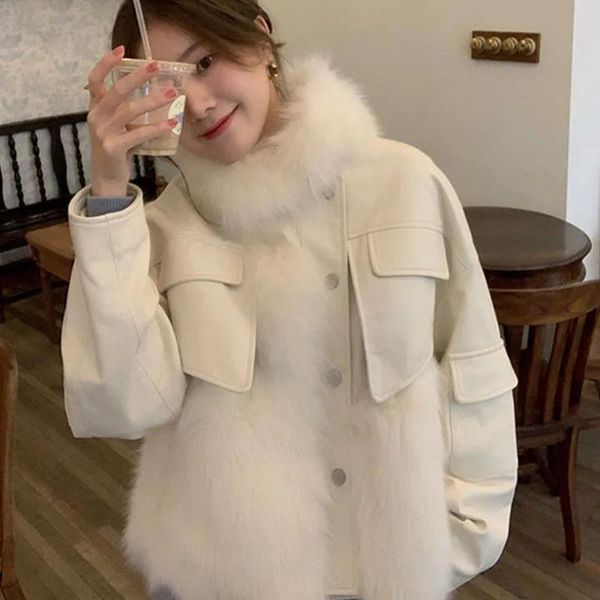 women's leather & faux autumn winter fur and cotton jacket short fashion slimming plush stitching coat, Black
women's leather & faux autumn winter fur and cotton jacket short fashion slimming plush stitching coat, Black