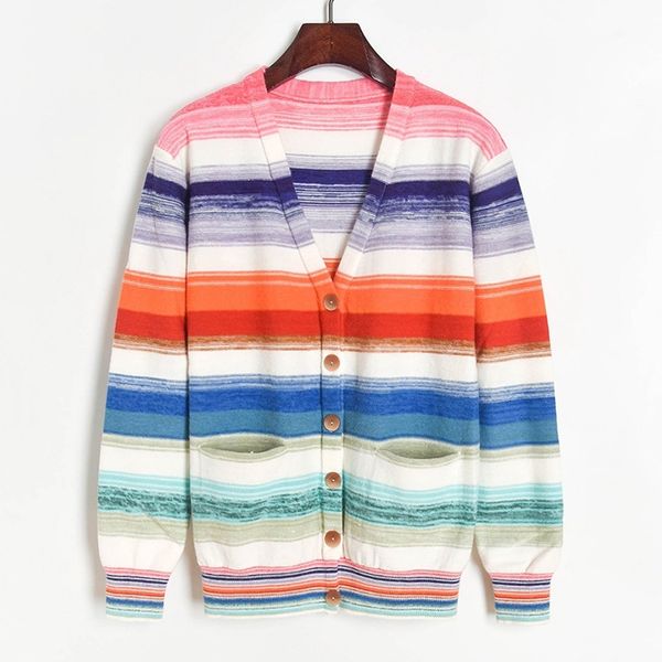 knits contrast colors striped women sweater coat v-neck single breasted cardigan knitted knitwear sueter las mujeres, White
knits contrast colors striped women sweater coat v-neck single breasted cardigan knitted knitwear sueter las mujeres, White