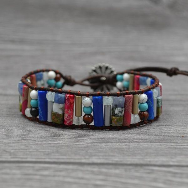 tennis women boho bracelet semi precious stone beaded tube shape natural single leather wrap, Golden;silver
tennis women boho bracelet semi precious stone beaded tube shape natural single leather wrap, Golden;silver