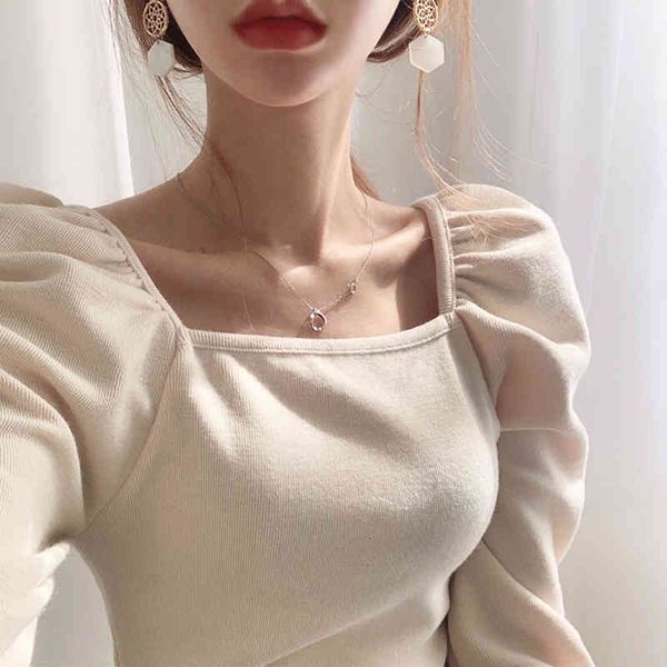 women's t-shirt square collar with a leak and puffy sleeve, thin, plied female t-shirt, western style, for spring, collarbone w8rd, White
women's t-shirt square collar with a leak and puffy sleeve, thin, plied female t-shirt, western style, for spring, collarbone w8rd, White