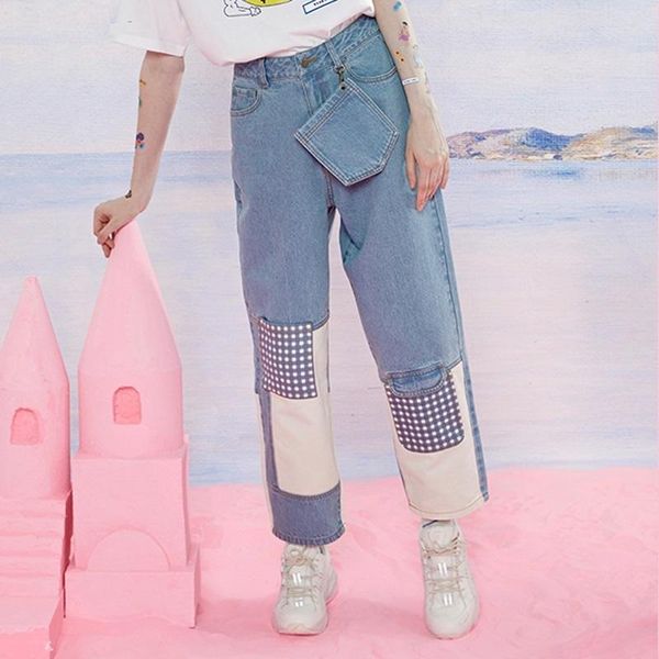 women's jeans fashion streetwear for women full length lattice patch washed jean ladies denim straight pants high waist, Blue
women's jeans fashion streetwear for women full length lattice patch washed jean ladies denim straight pants high waist, Blue