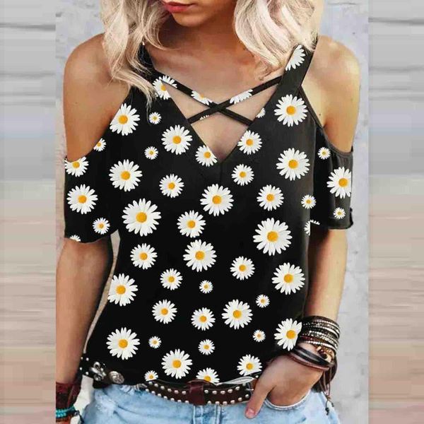 women's t-shirt t shirts casual cotton fashion sunflower daisy printed hollow out strapless short sleeve camisetas de mujer, White
women's t-shirt t shirts casual cotton fashion sunflower daisy printed hollow out strapless short sleeve camisetas de mujer, White