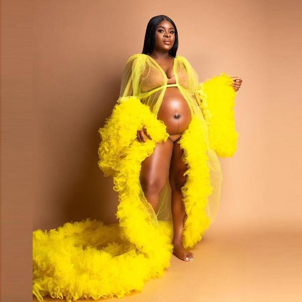 wraps & jackets yellow tulle robe maternity dress long puffy sleeves ruffled see through bridal nightgown po shoot or baby shower, White 
wraps & jackets yellow tulle robe maternity dress long puffy sleeves ruffled see through bridal nightgown po shoot or baby shower, White