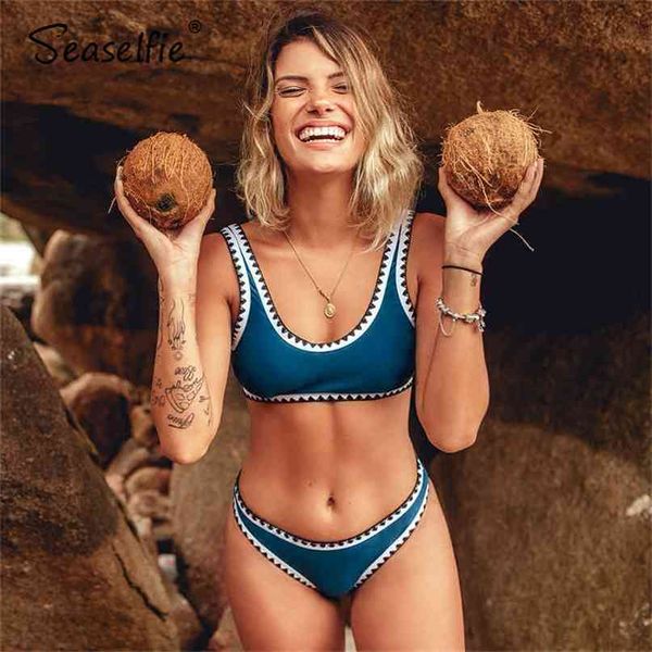 seaselfie sporty blue and black crochet bikini sets swimsuit two pieces swimwear women summer beach bathing suit 210702, White;black