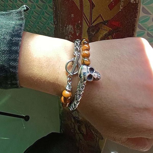 link, chain punk skull bracelets natural tiger eye lava stone bracelet bangle for men skeleton head wristband jewelry gift friends, Black
link, chain punk skull bracelets natural tiger eye lava stone bracelet bangle for men skeleton head wristband jewelry gift friends, Black