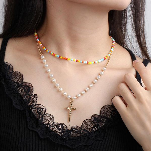 chains fashion creative cross pendant necklace cute color rice bead imitation pearl double women's jewelry gift, Silver
chains fashion creative cross pendant necklace cute color rice bead imitation pearl double women's jewelry gift, Silver