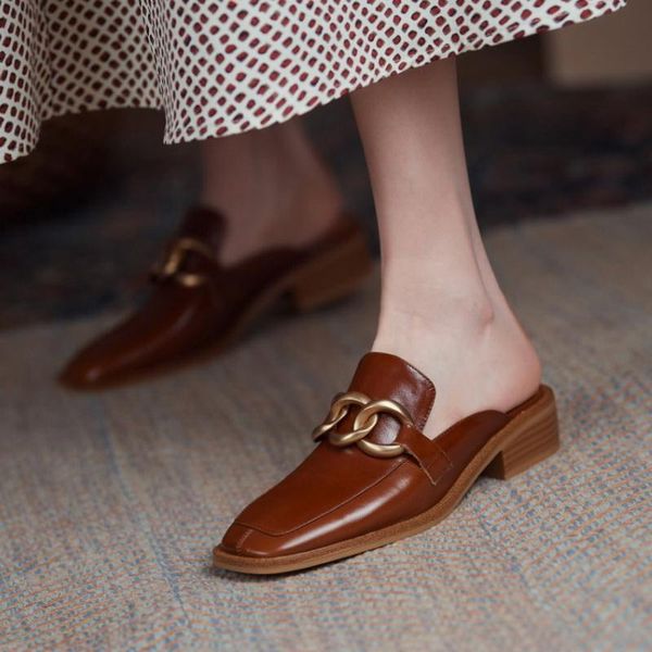 slippers square toe brown leather mules elegant flat summer fashion slip-on slides dress shoes women chain, Black
slippers square toe brown leather mules elegant flat summer fashion slip-on slides dress shoes women chain, Black
