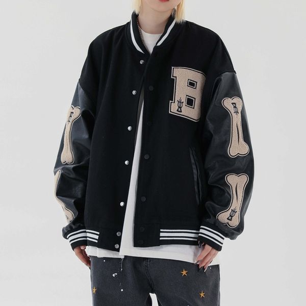 chao brand flocking embroidered baseball jacket guochao hip hop street loose men's pu leather stitching jacket, Black
chao brand flocking embroidered baseball jacket guochao hip hop street loose men's pu leather stitching jacket, Black
