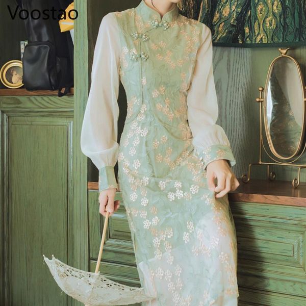 casual dresses chinese style autumn vintage elegant romantic lace splicing qipao dress ladies chic floral embroidery slim cheongsams, Black;gray
casual dresses chinese style autumn vintage elegant romantic lace splicing qipao dress ladies chic floral embroidery slim cheongsams, Black;gray
